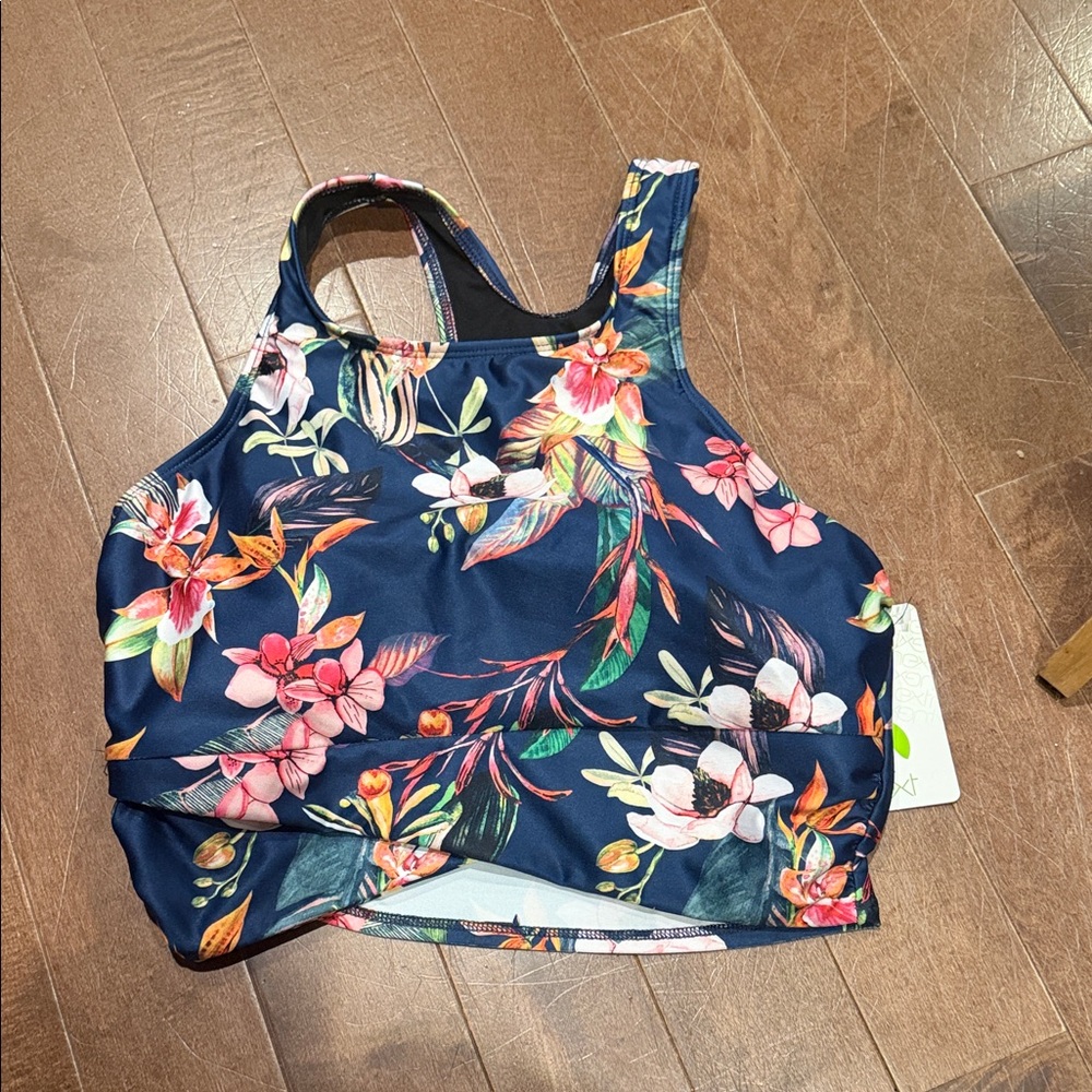 Floral High Neck Swim Top - Navy with Tropical Bloom size L